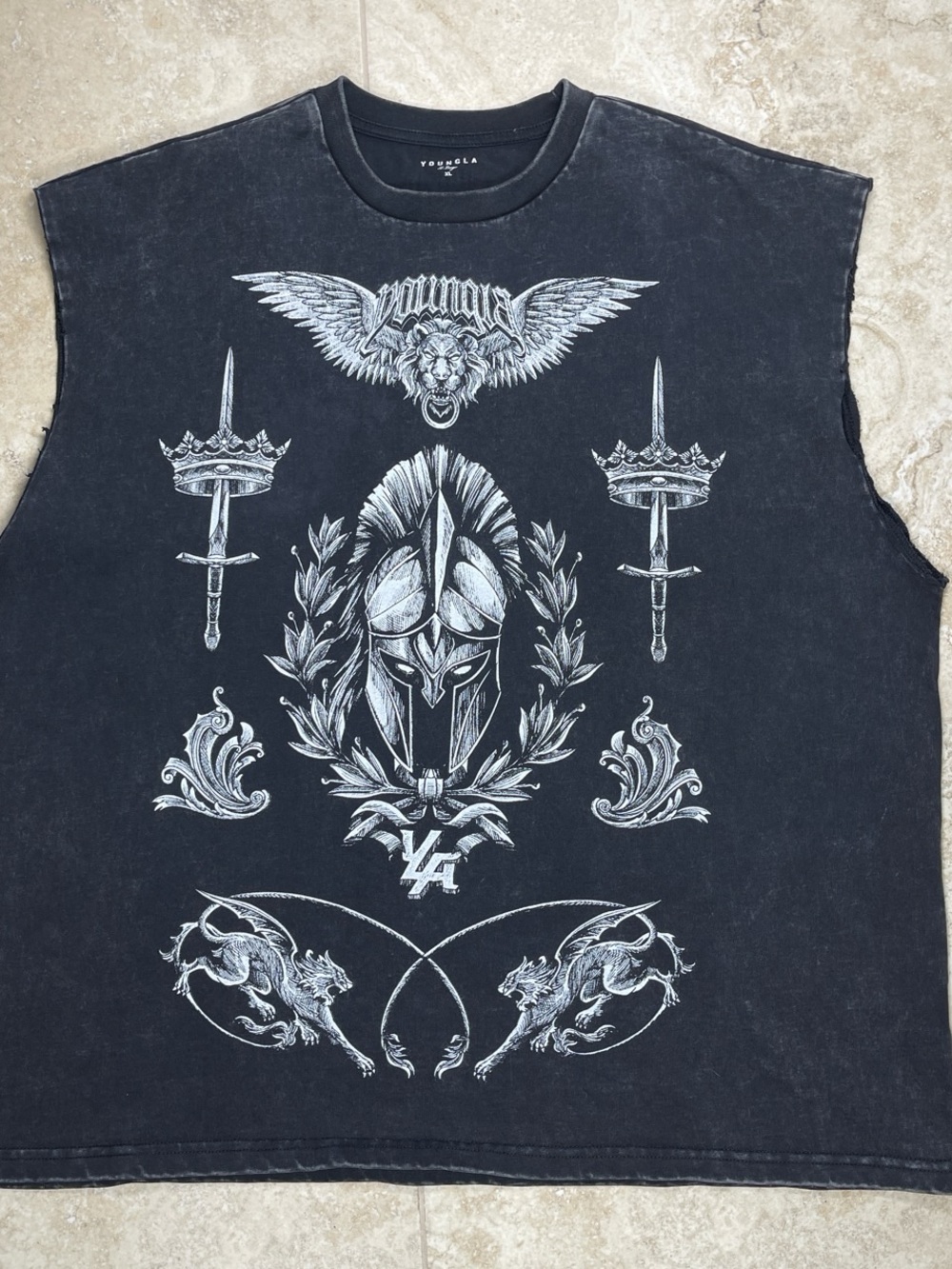 YoungLA Black Sleeveless Muscle Tee with Silver Gladiator Spartan Graphic XL